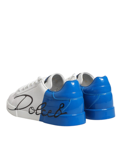 Dolce & Gabbana White Blue Portofino Leather Sneakers Shoes - SMARTMARTNZ