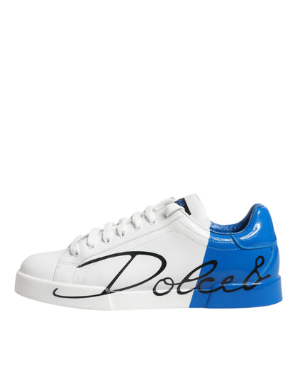 Dolce & Gabbana White Blue Portofino Leather Sneakers Shoes - SMARTMARTNZ