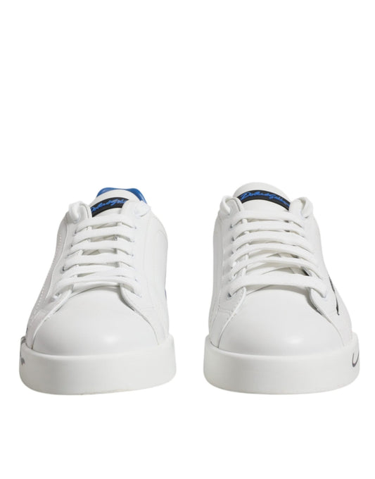 Dolce & Gabbana White Blue Portofino Leather Sneakers Shoes - SMARTMARTNZ