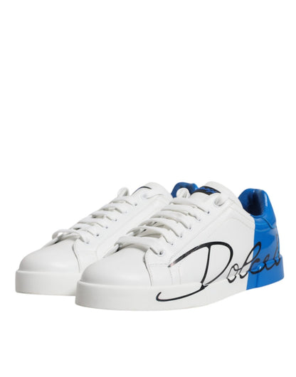 Dolce & Gabbana White Blue Portofino Leather Sneakers Shoes - SMARTMARTNZ