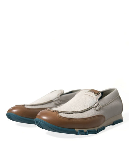 Dolce & Gabbana White Brown Leather Slip On Men Moccasin Shoes - SMARTMARTNZ