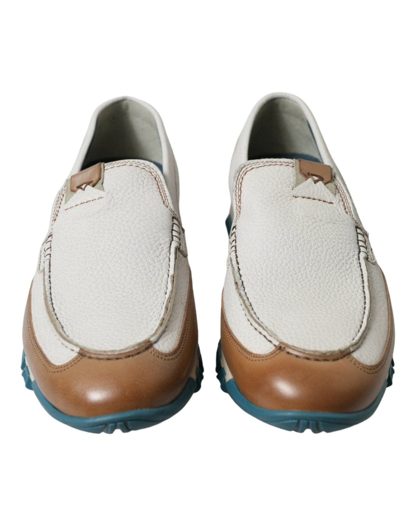 Dolce & Gabbana White Brown Leather Slip On Men Moccasin Shoes - SMARTMARTNZ