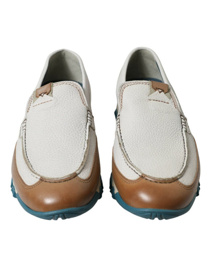 Dolce & Gabbana White Brown Leather Slip On Men Moccasin Shoes - SMARTMARTNZ