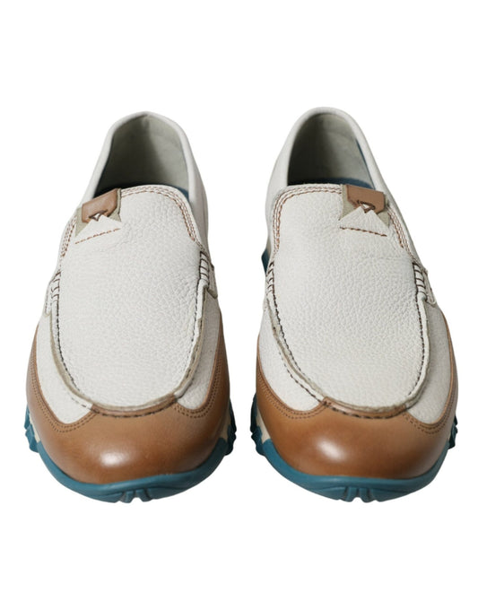 Dolce & Gabbana White Brown Leather Slip On Men Moccasin Shoes - SMARTMARTNZ