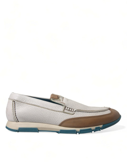 Dolce & Gabbana White Brown Leather Slip On Men Moccasin Shoes - SMARTMARTNZ