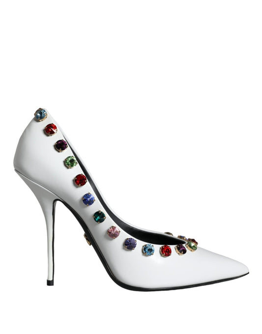 Dolce & Gabbana White Crystal Leather High Heels Pumps Shoes - SMARTMARTNZ
