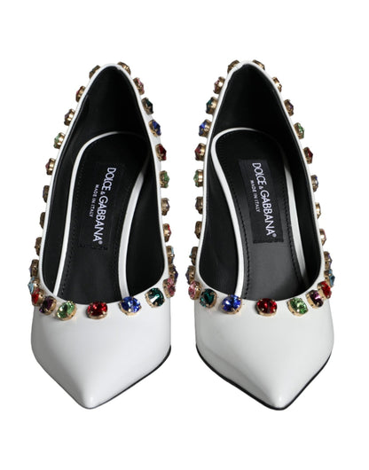 Dolce & Gabbana White Crystal Leather High Heels Pumps Shoes - SMARTMARTNZ