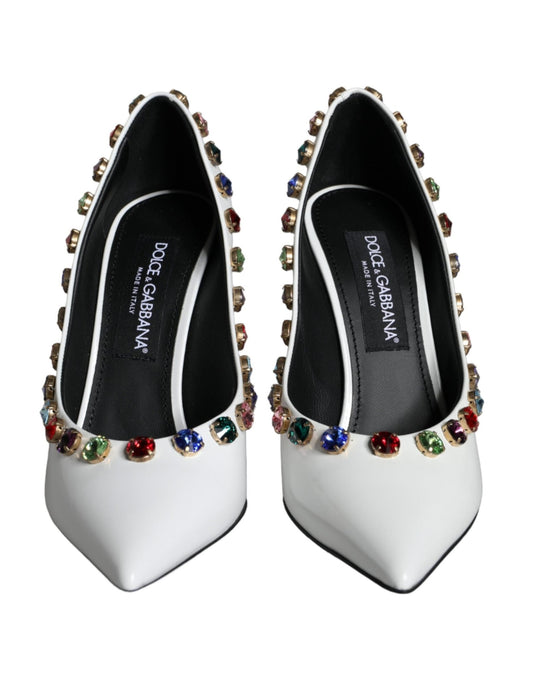 Dolce & Gabbana White Crystal Leather High Heels Pumps Shoes - SMARTMARTNZ