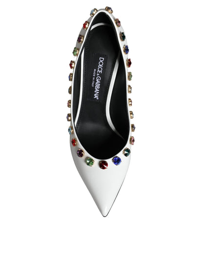 Dolce & Gabbana White Crystal Leather High Heels Pumps Shoes - SMARTMARTNZ