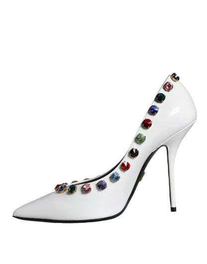 Dolce & Gabbana White Crystal Leather High Heels Pumps Shoes - SMARTMARTNZ