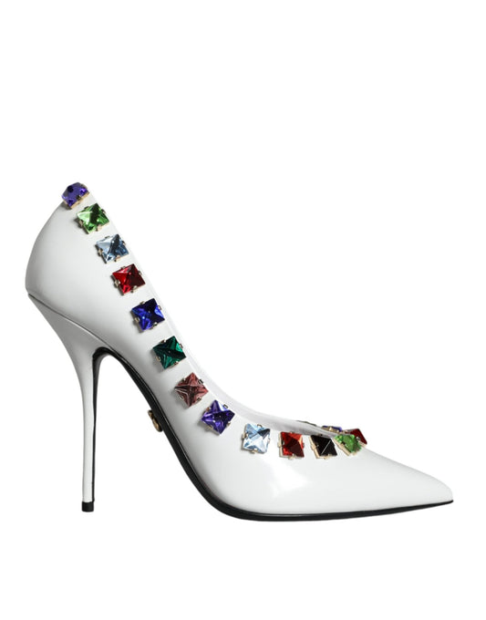 Dolce & Gabbana White Crystals Leather High Heels Pumps Shoes - SMARTMARTNZ