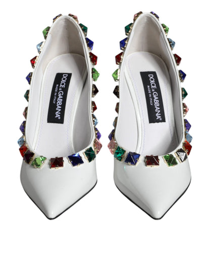 Dolce & Gabbana White Crystals Leather High Heels Pumps Shoes - SMARTMARTNZ