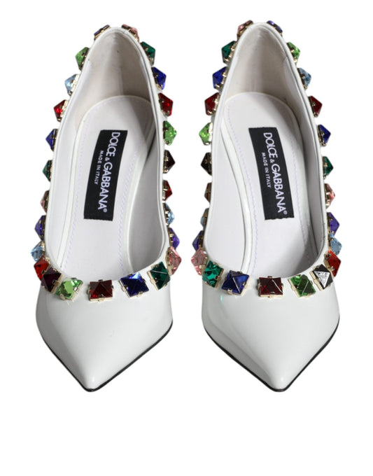 Dolce & Gabbana White Crystals Leather High Heels Pumps Shoes - SMARTMARTNZ
