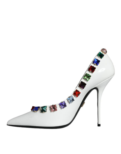 Dolce & Gabbana White Crystals Leather High Heels Pumps Shoes - SMARTMARTNZ