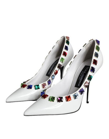 Dolce & Gabbana White Crystals Leather High Heels Pumps Shoes - SMARTMARTNZ
