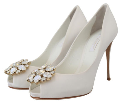Dolce & Gabbana White Crystals Peep Toe Heel Satin Pumps - SMARTMARTNZ