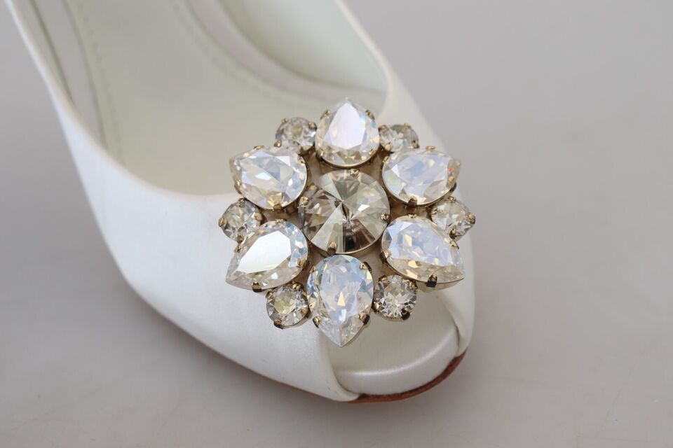Dolce & Gabbana White Crystals Peep Toe Heel Satin Pumps - SMARTMARTNZ