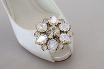 Dolce & Gabbana White Crystals Peep Toe Heel Satin Pumps - SMARTMARTNZ