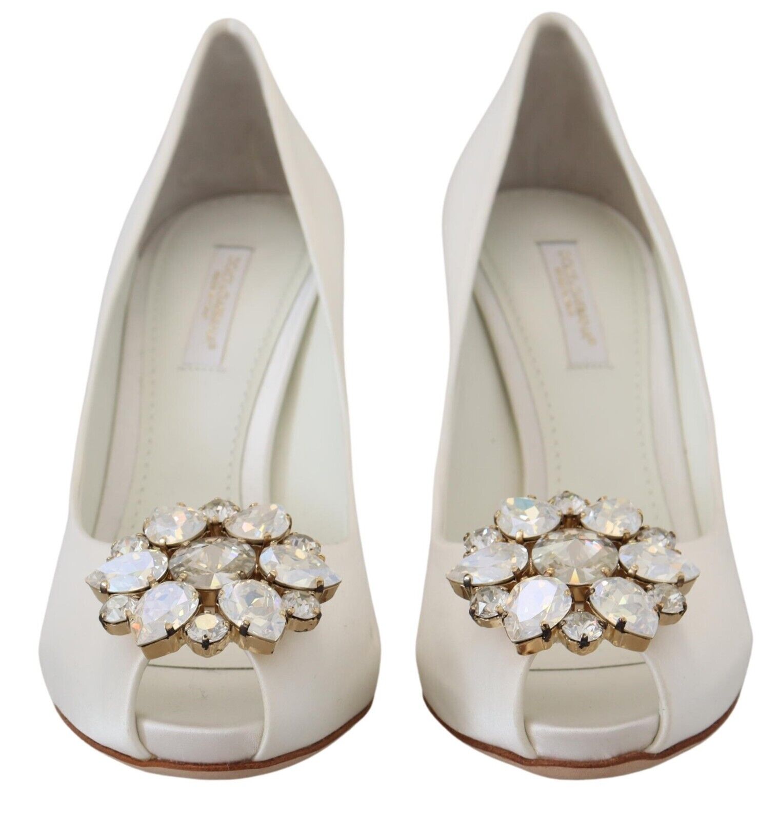 Dolce & Gabbana White Crystals Peep Toe Heel Satin Pumps - SMARTMARTNZ