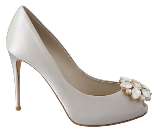 Dolce & Gabbana White Crystals Peep Toe Heels Satin Pumps Shoes - SMARTMARTNZ