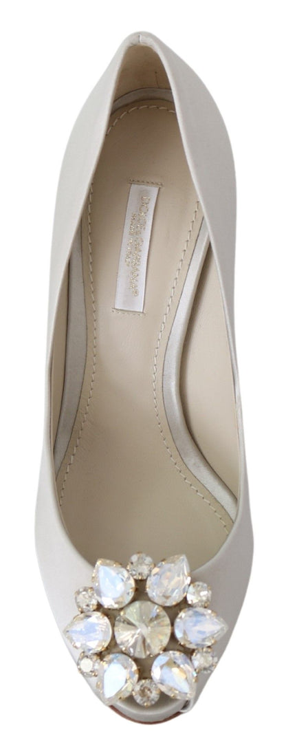 Dolce & Gabbana White Crystals Peep Toe Heels Satin Pumps Shoes - SMARTMARTNZ