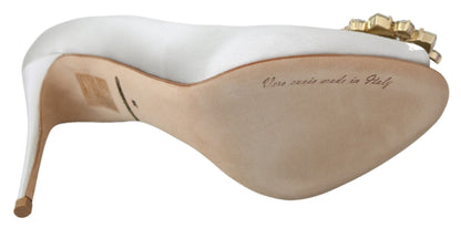 Dolce & Gabbana White Crystals Peep Toe Heels Satin Pumps Shoes - SMARTMARTNZ