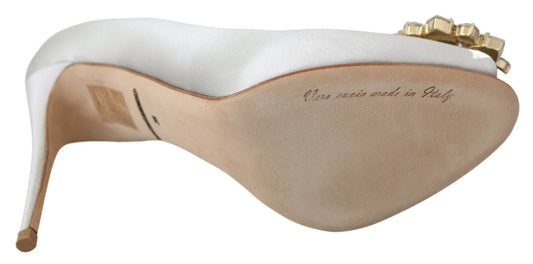 Dolce & Gabbana White Crystals Peep Toe Heels Satin Pumps Shoes - SMARTMARTNZ