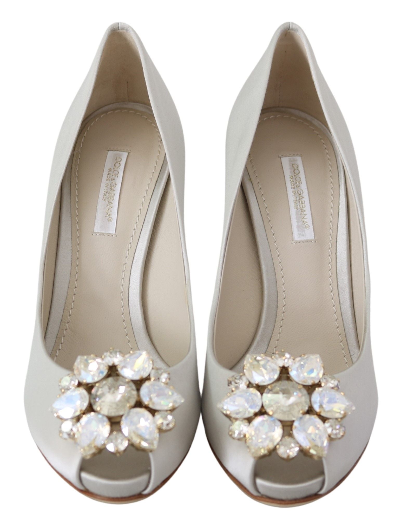 Dolce & Gabbana White Crystals Peep Toe Heels Satin Pumps Shoes - SMARTMARTNZ