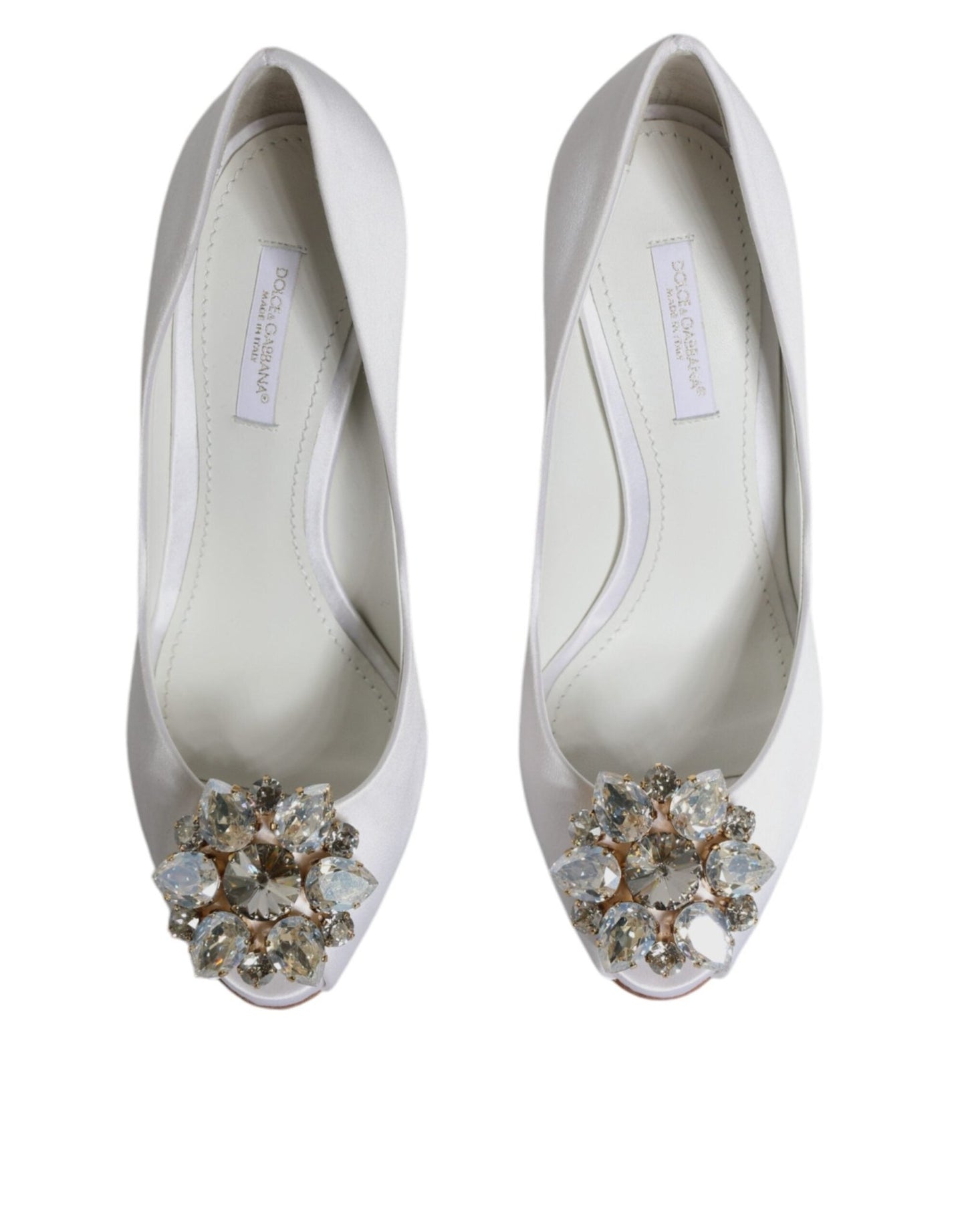 Dolce & Gabbana White Crystals Peep Toe Satin Pumps Shoes - SMARTMARTNZ