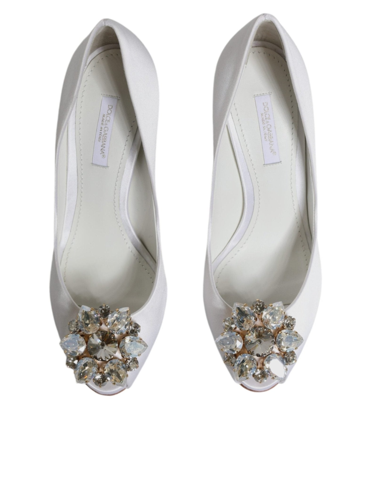 Dolce & Gabbana White Crystals Peep Toe Satin Pumps Shoes - SMARTMARTNZ
