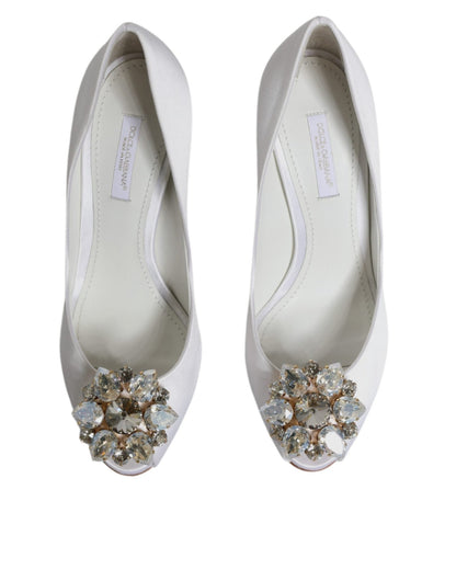 Dolce & Gabbana White Crystals Peep Toe Satin Pumps Shoes - SMARTMARTNZ