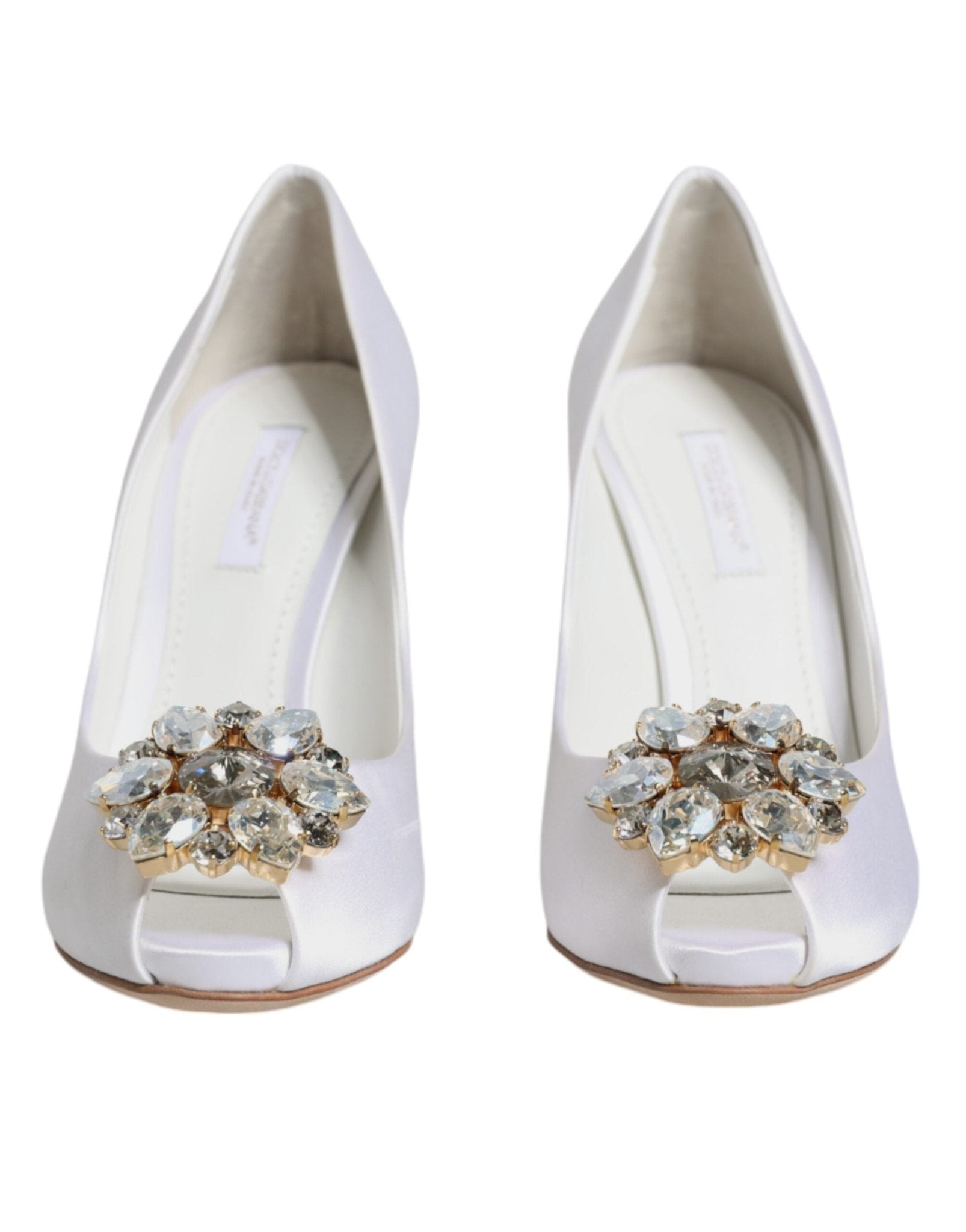 Dolce & Gabbana White Crystals Peep Toe Satin Pumps Shoes - SMARTMARTNZ