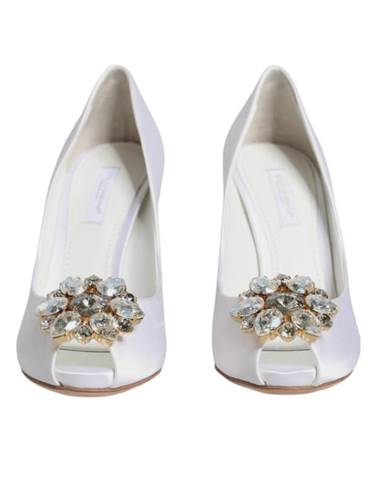 Dolce & Gabbana White Crystals Peep Toe Satin Pumps Shoes - SMARTMARTNZ