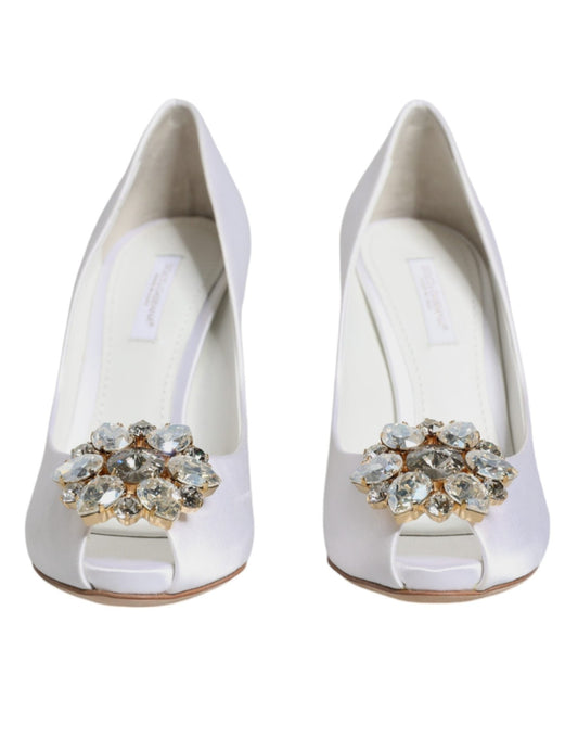 Dolce & Gabbana White Crystals Peep Toe Satin Pumps Shoes - SMARTMARTNZ