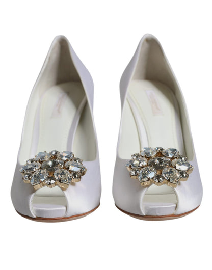 Dolce & Gabbana White Crystals Peep Toe Satin Pumps Shoes - SMARTMARTNZ