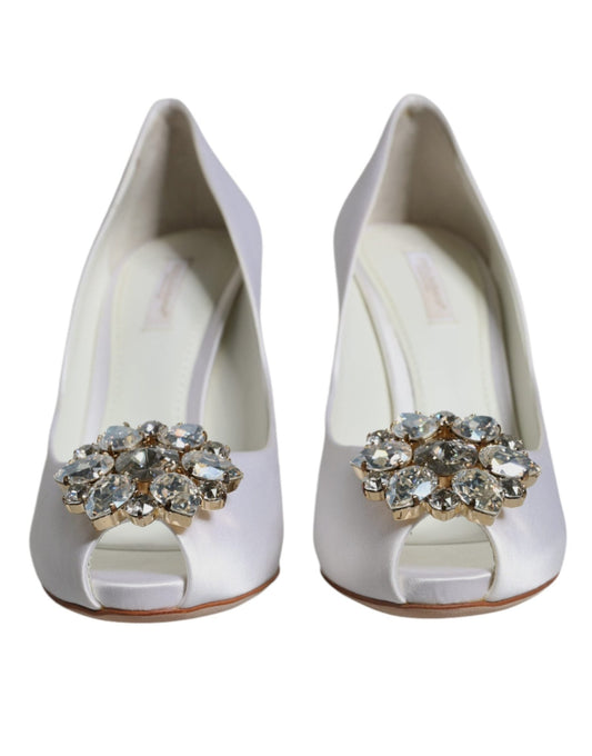Dolce & Gabbana White Crystals Peep Toe Satin Pumps Shoes - SMARTMARTNZ