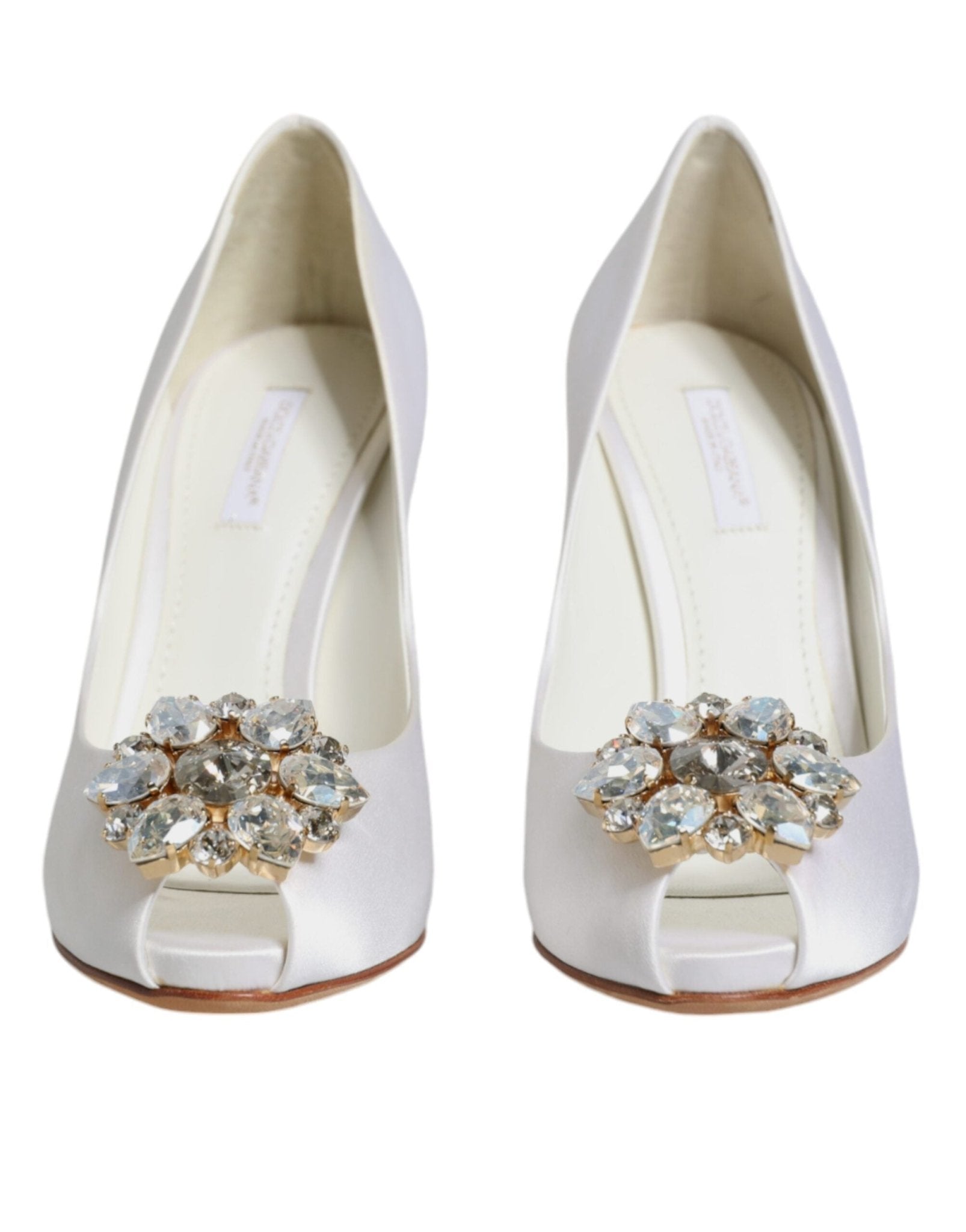 Dolce & Gabbana White Crystals Peep Toe Satin Pumps Shoes - SMARTMARTNZ