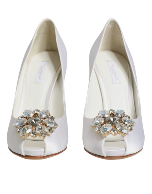 Dolce & Gabbana White Crystals Peep Toe Satin Pumps Shoes - SMARTMARTNZ