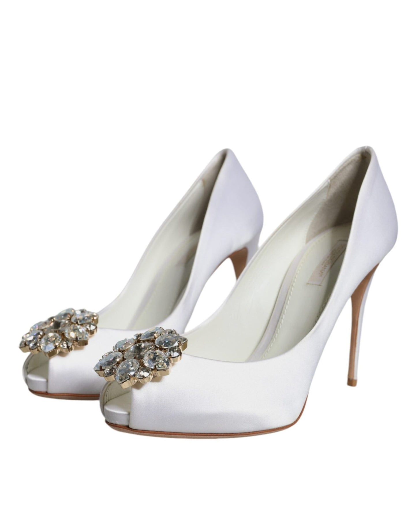 Dolce & Gabbana White Crystals Peep Toe Satin Pumps Shoes - SMARTMARTNZ