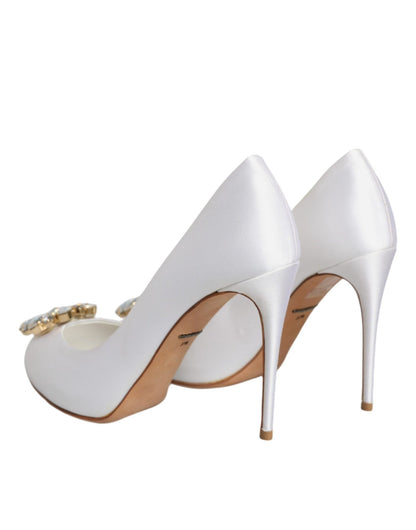 Dolce & Gabbana White Crystals Peep Toe Satin Pumps Shoes - SMARTMARTNZ