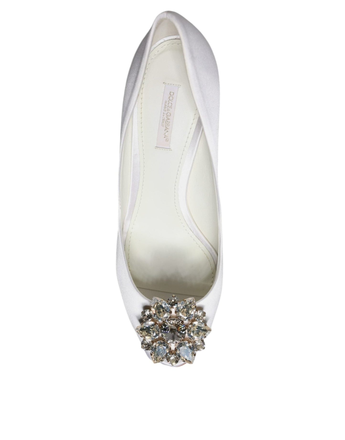 Dolce & Gabbana White Crystals Peep Toe Satin Pumps Shoes - SMARTMARTNZ