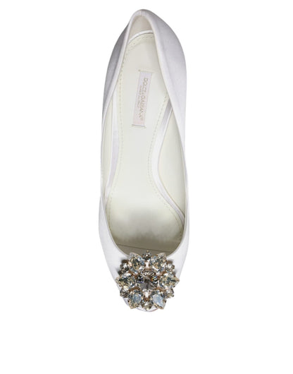 Dolce & Gabbana White Crystals Peep Toe Satin Pumps Shoes - SMARTMARTNZ