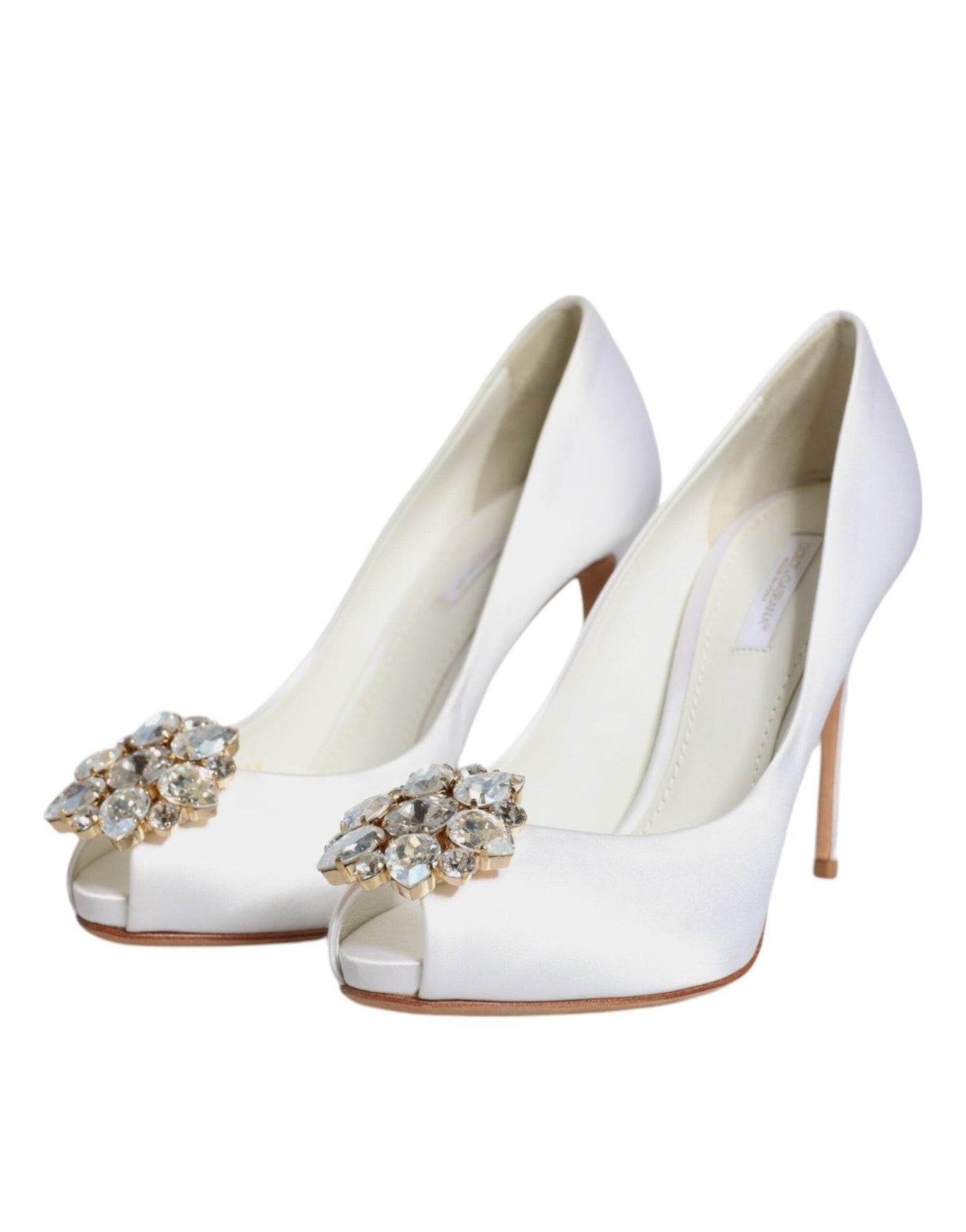 Dolce & Gabbana White Crystals Peep Toe Satin Pumps Shoes - SMARTMARTNZ