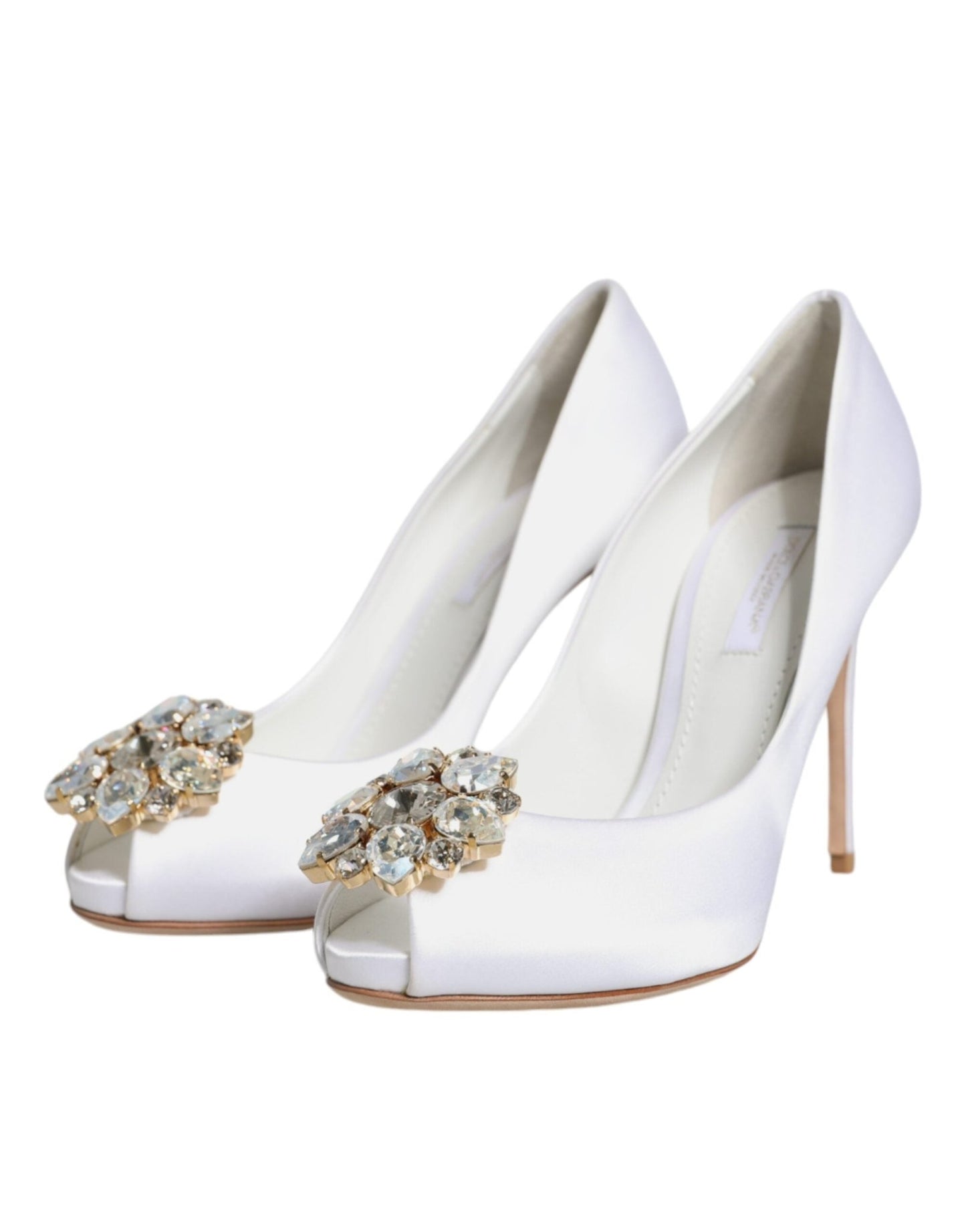 Dolce & Gabbana White Crystals Peep Toe Satin Pumps Shoes - SMARTMARTNZ
