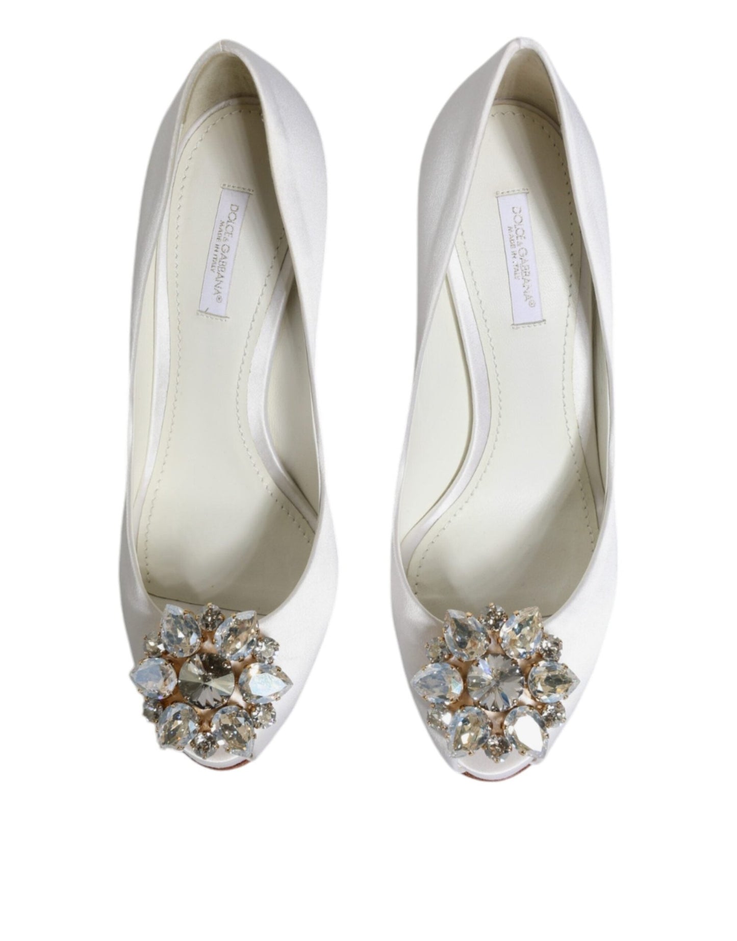 Dolce & Gabbana White Crystals Peep Toe Satin Pumps Shoes - SMARTMARTNZ