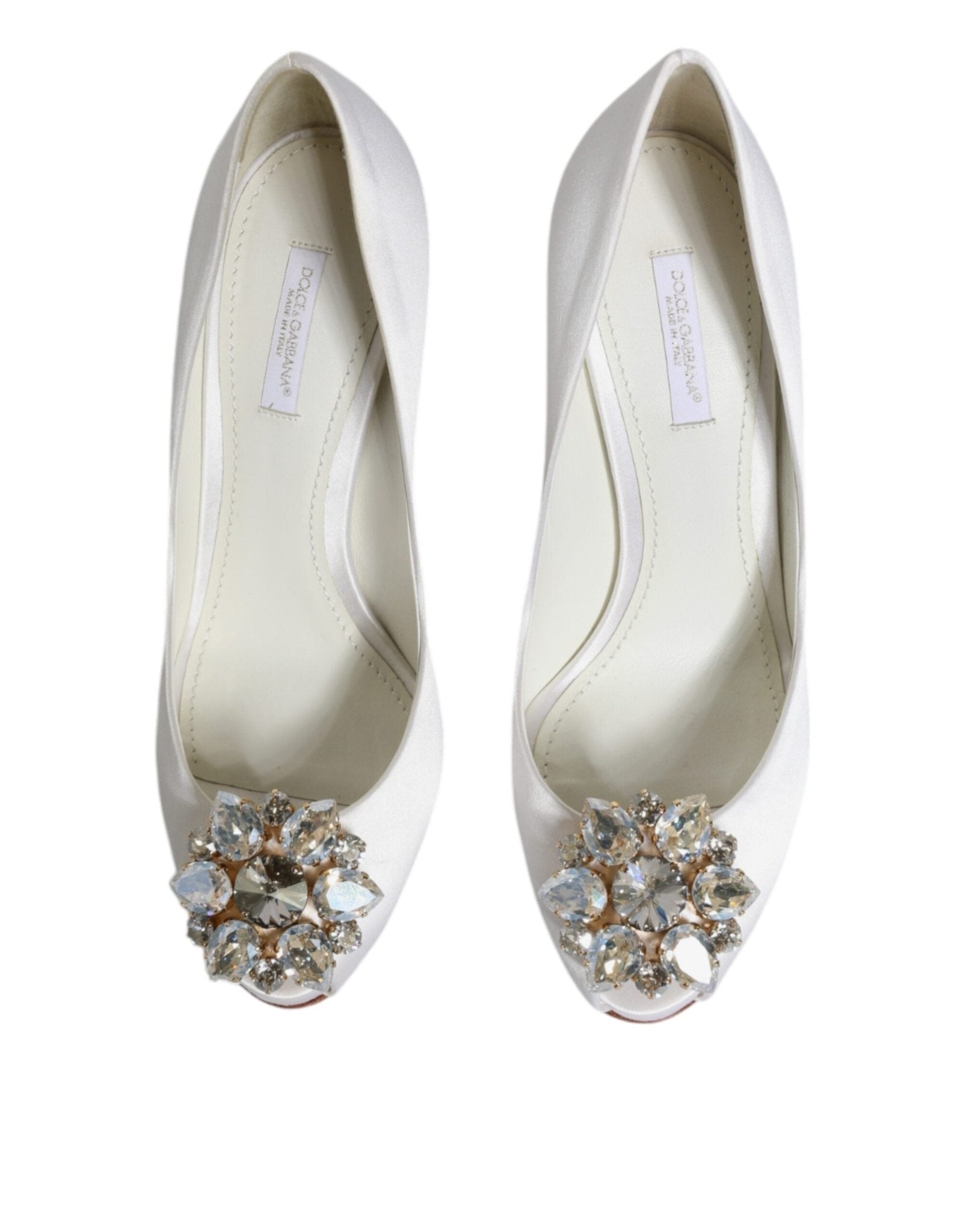 Dolce & Gabbana White Crystals Peep Toe Satin Pumps Shoes - SMARTMARTNZ
