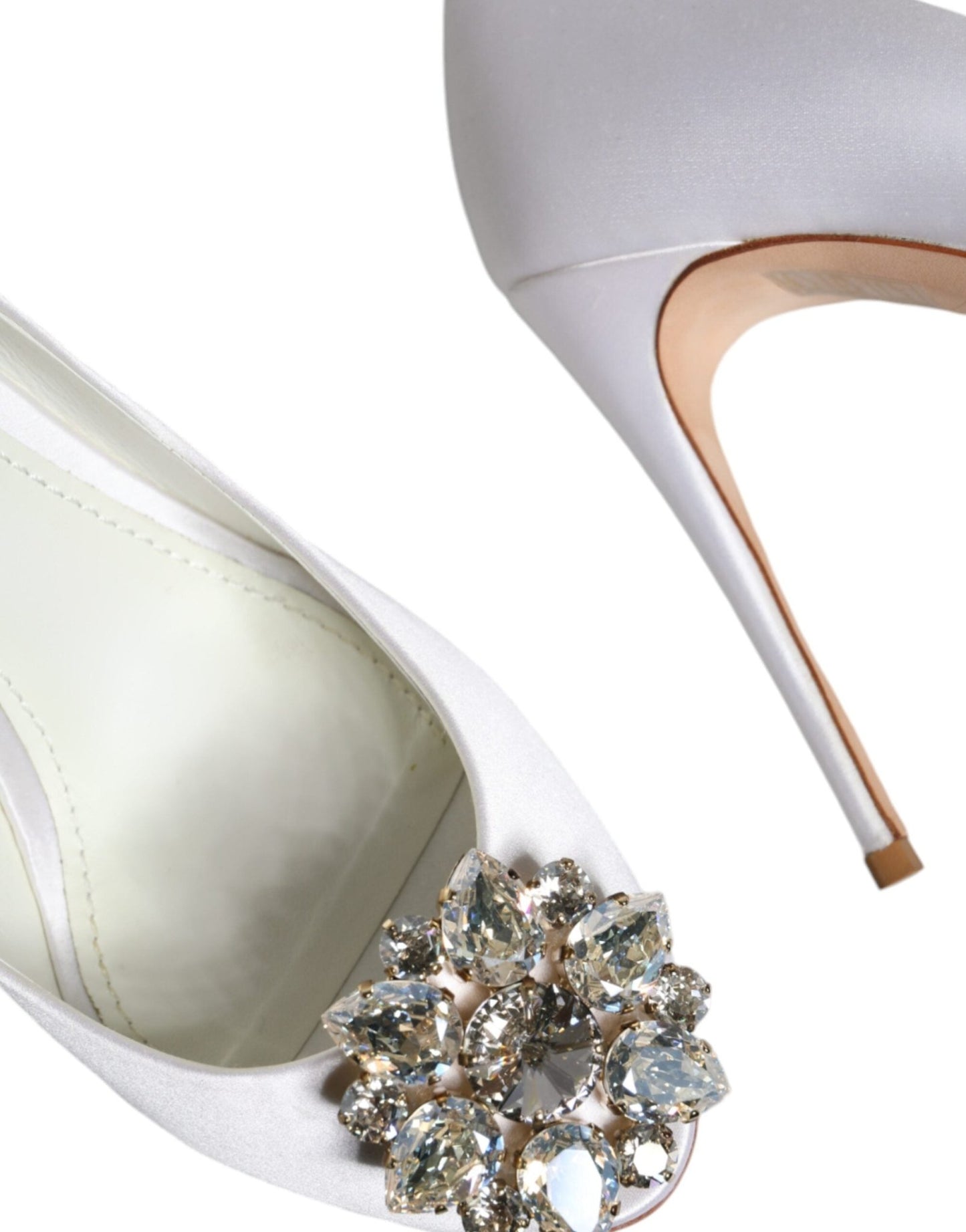 Dolce & Gabbana White Crystals Peep Toe Satin Pumps Shoes - SMARTMARTNZ