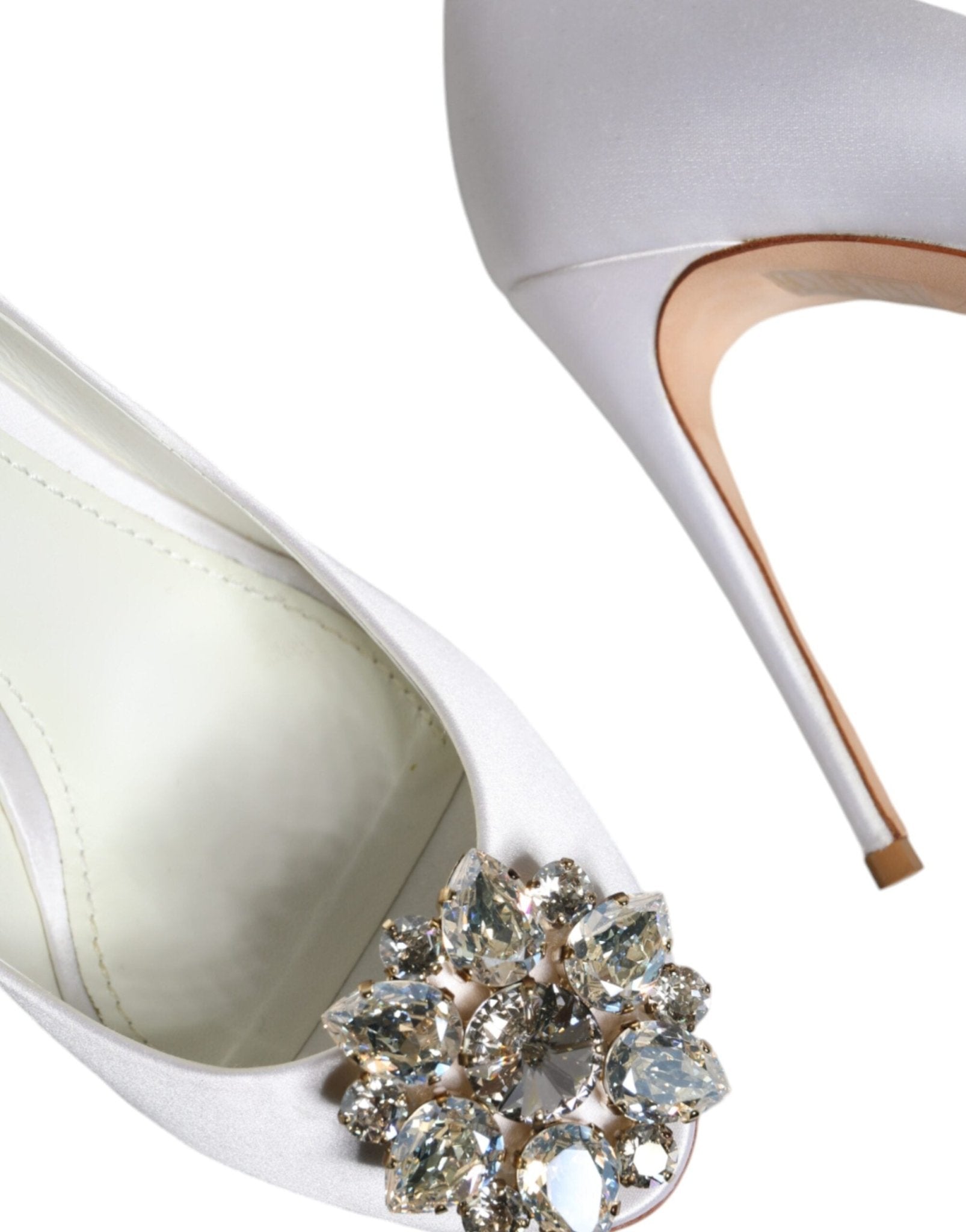 Dolce & Gabbana White Crystals Peep Toe Satin Pumps Shoes - SMARTMARTNZ
