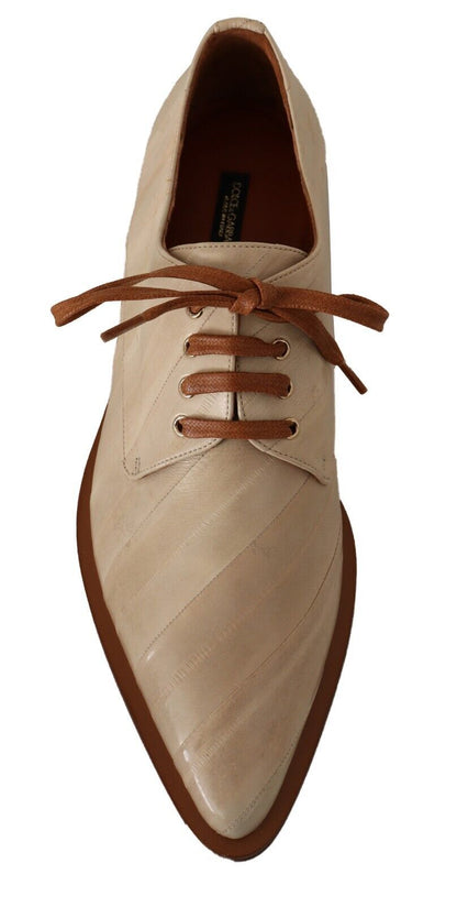 Dolce & Gabbana White Eel Leather Lace Up Formal Flats Shoes - SMARTMARTNZ