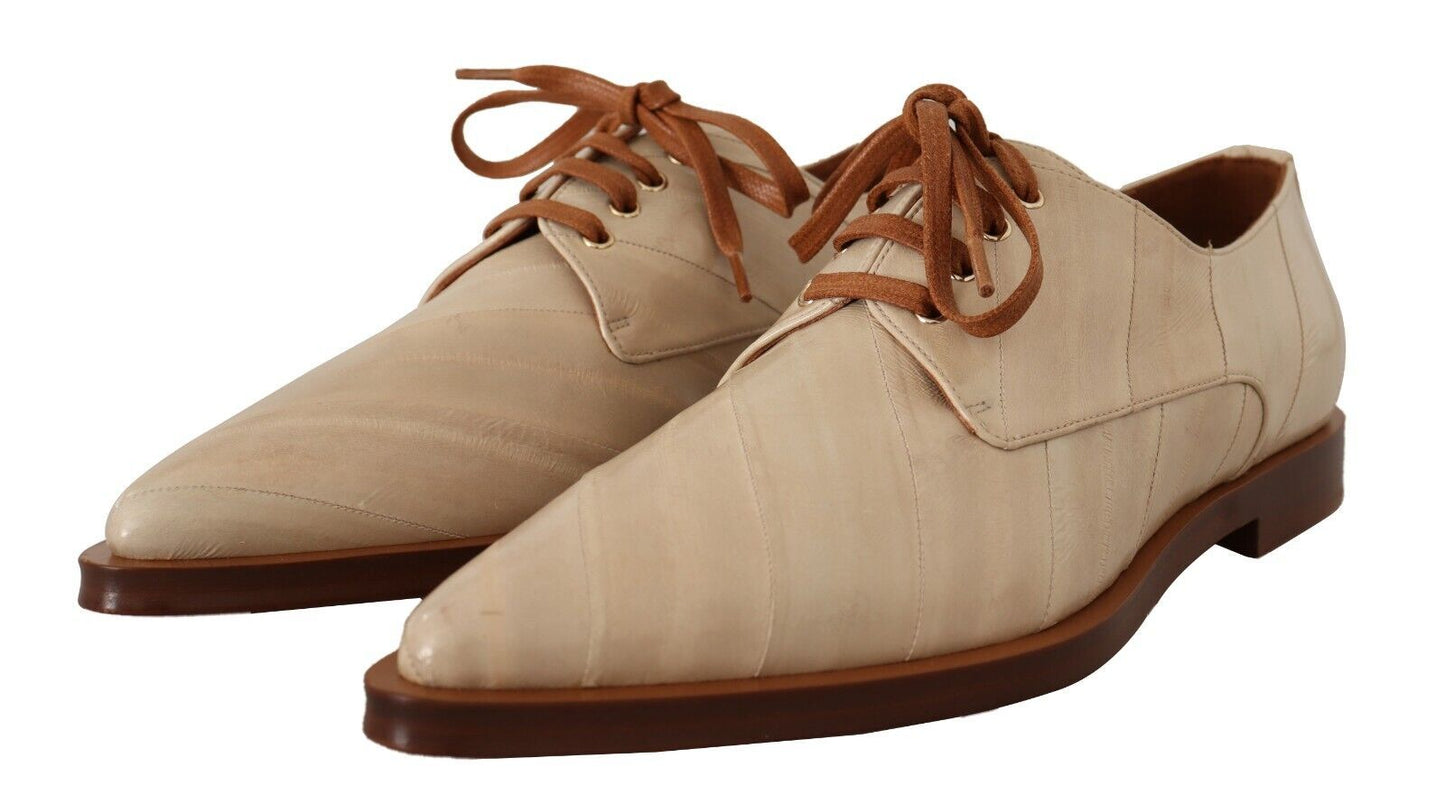 Dolce & Gabbana White Eel Leather Lace Up Formal Flats Shoes - SMARTMARTNZ